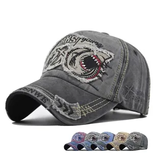 Vintage Washed Cotton Baseball Cap For Men Women 3D Shark Embroidery Distressed Adjustable Snapback Hat Streetwear