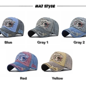 Vintage washed baseball caps with 3D shark embroidery and distressed details in five colors
