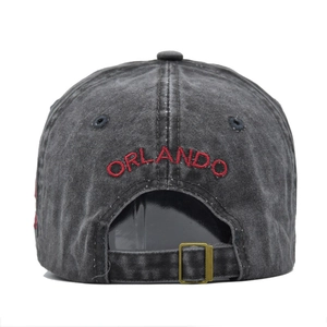 Washed dark grey baseball cap with red Orlando 3D embroidery and metal buckle closure