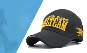 Detail of black tactical baseball cap featuring yellow SEAL TEAM 3D embroidery on cotton