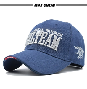 Detailed embroidery of Naval Special Warfare insignia on a navy tactical baseball cap