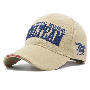 Tactical khaki SEAL TEAM baseball cap with navy blue embroidery and trident insignia