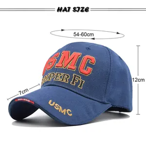 Detailed size chart for USMC tactical baseball cap showing head circumference 54-60cm