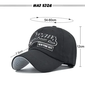 Size chart showing 54-60cm circumference for black embroidered New York baseball cap