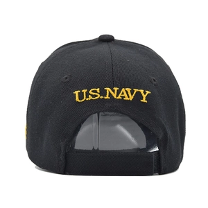 Rear view of black baseball cap featuring yellow U.S. NAVY embroidery and velcro strap