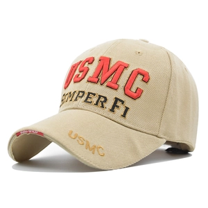 Detail of USMC embroidery and Semper Fi text on khaki tactical baseball cap