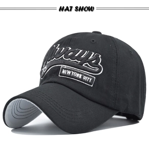 Close-up of Always 75 New York City embroidery on a classic black cotton baseball cap