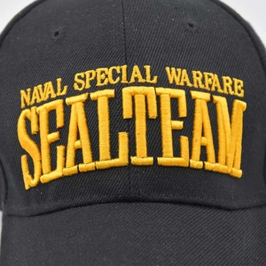 Close-up of golden 3D embroidery detail on a black tactical SEAL TEAM baseball cap