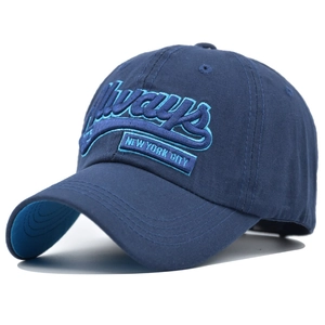 Close-up of Always New York City 3D embroidery on navy cotton canvas baseball cap