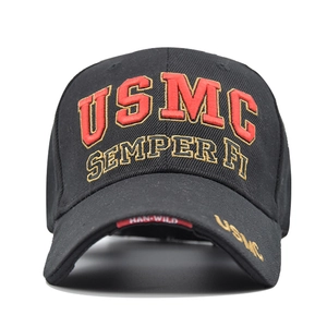 Detailed view of USMC 3D embroidery and Semper Fi text on black tactical baseball cap