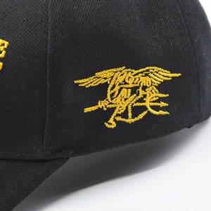 Black cotton baseball cap with yellow Navy SEAL Trident embroidery on the side