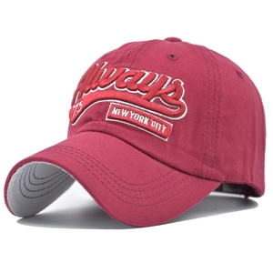 Detailed embroidery of Always 75 New York City on a dark red cotton baseball cap