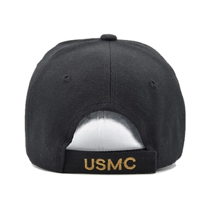 Detail of black USMC baseball cap back with golden embroidery and adjustable strap