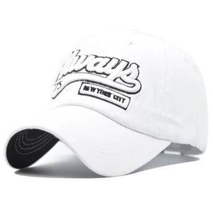 Detail of white baseball cap featuring 75 New York City embroidery and black brim