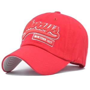 Detail of red baseball cap with white 3D embroidery featuring Always New York City 73