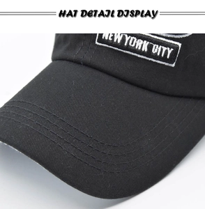 Detailed close-up of New York City embroidery on a premium black cotton baseball cap