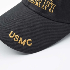Tactical black cotton USMC baseball cap with high-quality gold 3D embroidery detail