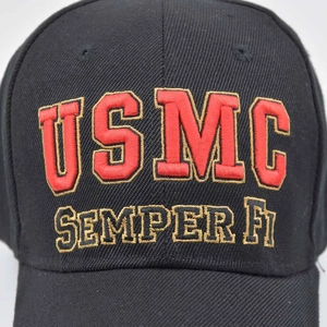 Tactical USMC baseball cap in black cotton with gold Semper Fi 3D embroidery