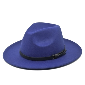 Cappello fedora blu reale in lana a tesa larga con fascia in pelle nera e fibbia in metallo