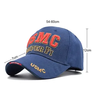 Tactical USMC baseball cap with embroidery and sizing chart for outdoor sun protection