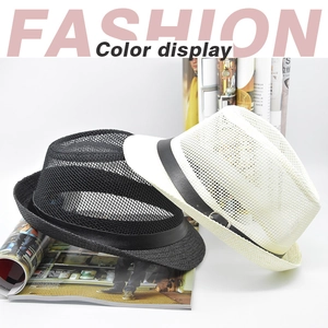Close-up of breathable mesh fedora hats with black leather decorative belts for sun protection