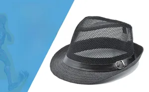 Detail of black mesh jazz hat featuring a breathable texture and leather belt buckle strap
