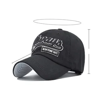 Black baseball cap with 75 New York embroidery and size chart showing 54-60cm circumference