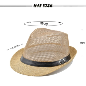 Khaki woven mesh fedora hat with black belt band and size measurements 58cm circumference