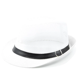 Macro shot of white woven mesh fedora hat featuring a black leather band and silver buckle