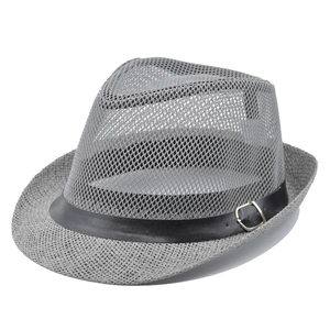 Detailed macro view of gray jazz hat with breathable mesh top and black leather belt