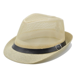 Close-up of breathable mesh straw fedora with black faux leather belt and metal buckle
