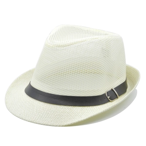 Detail view of the breathable straw weave texture and black leather belt with metal buckle