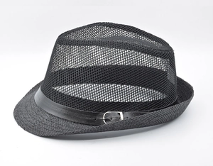Detail of breathable mesh jazz hat with black leather band and silver metal buckle accent