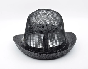 Detail of black mesh jazz hat featuring breathable knit and decorative belt with buckle