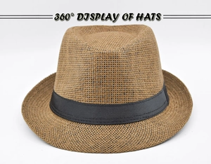 Detailed view of the 360-degree display for this tan straw fedora hat with black ribbon
