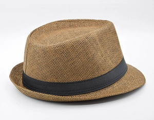 Close-up of lightweight light brown straw fedora hat with black satin ribbon detail