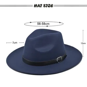 Size chart for wool fedora hat showing 56-58cm circumference and 7cm wide brim