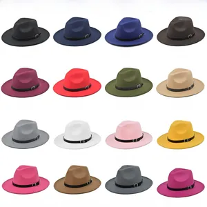 Grid display showcasing 16 different colors of wide brim fedora hats with belt buckles