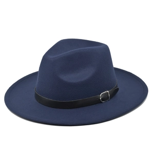 Classic dark blue wide brim wool fedora hat with a black belt and silver buckle
