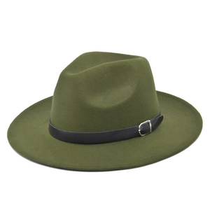 Detail of dark olive green wool fedora with a black faux leather band and silver buckle