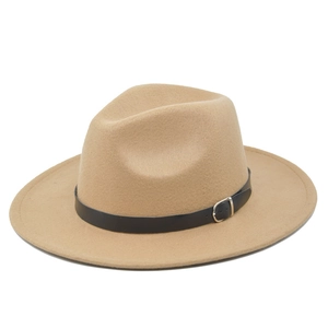 Detail view of camel wool fedora hat featuring a black leather band with silver metal buckle