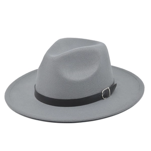 Close-up of light gray wool fedora with black leather belt and silver metal buckle