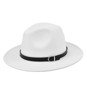 Close-up of white wool fedora hat featuring a black leather band with a silver buckle