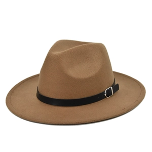 Detail of camel wool fedora with flat brim and black faux leather belt with metal buckle