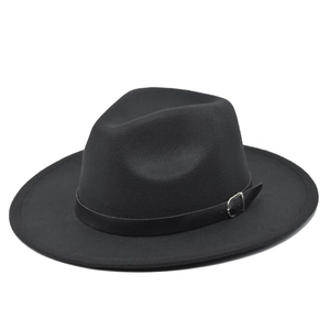 Vintage Woolen Felt Fedora Hat For Women Men Wide Flat Brim Jazz Hat With Leather Belt Buckle Winter Warm Church Cap