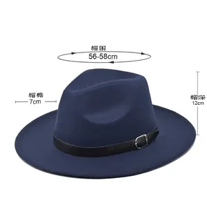 Classic dark blue fedora hat with black leather band and wide flat brim, wool felt style