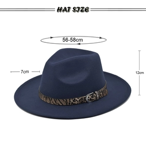 Classic navy wool fedora hat with leopard band including size dimensions 56-58cm