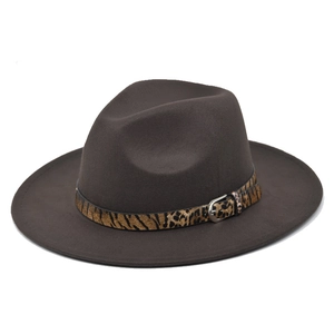 Classic dark brown wool fedora hat with a stylish leopard print band and metal buckle