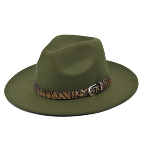 Detail of dark green wool fedora with animal print band and silver metal buckle
