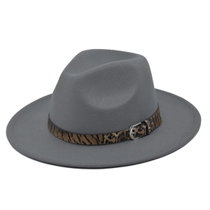 Macro detail of dark grey fedora hat with leopard print band and silver metal buckle